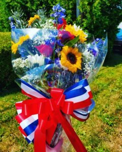 Red, white and blue flower arrangement